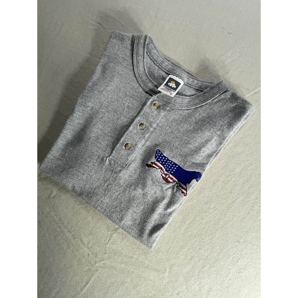 Deluxe Henley Short Sleeve Grey American Flag Dog Embroidered USA Cotten SZ S